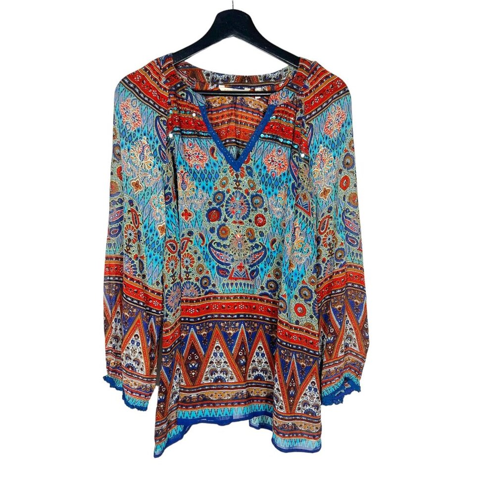 Soft Surroundings Blue Multicolor Beaded Boho Print Long SleeveTunic Top Medium